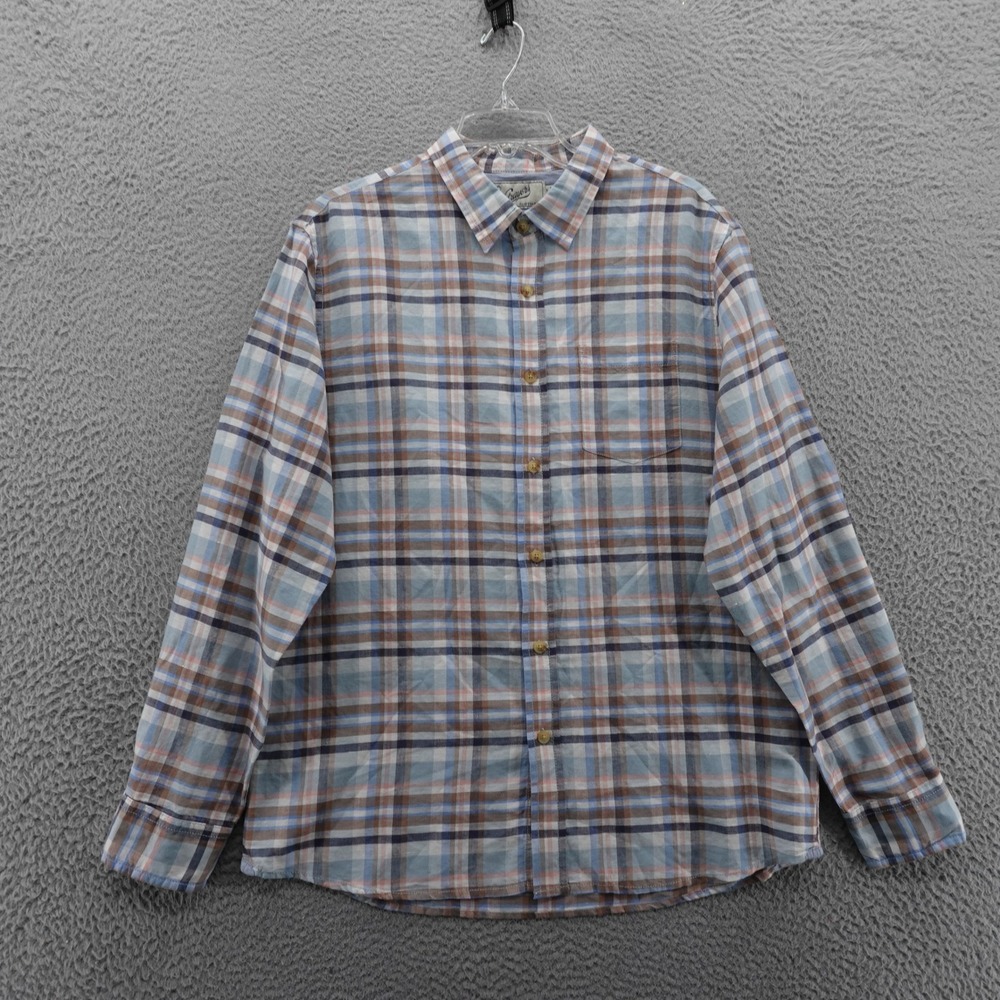 Grayers Long Sleeve Linen Button Down Shirt Large Beige Blue Plaid Mens
